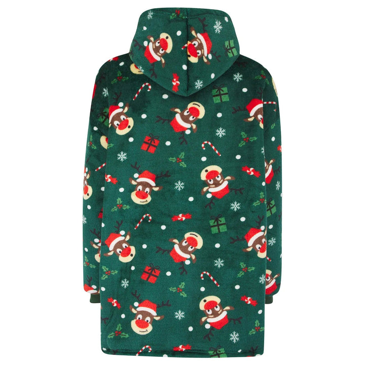 Back view of green Christmas hooded top with reindeer heads, holly and candy canes pattern