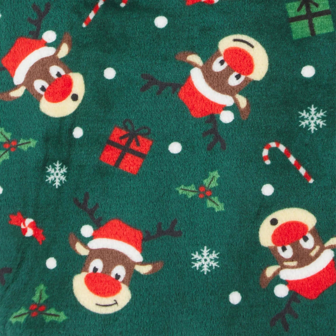 Close up of green fleece Christmas hoodie with rudolph reindeer heads, holly, snowflakes and candy canes