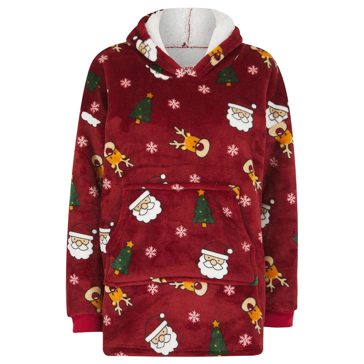 Christmas hoodie blanket in dark red with santa heads, Christmas trees and snowflakes all over pattern