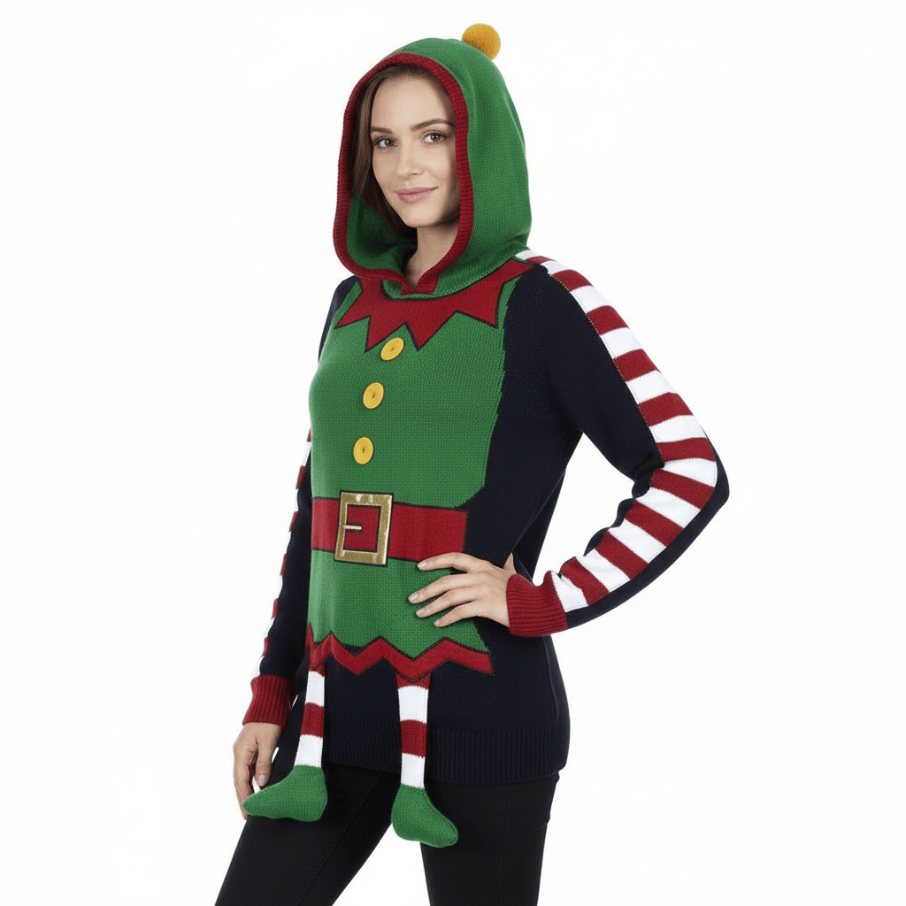 Hooded Christmas Jumper Elf Body With Legs Novelty Unisex