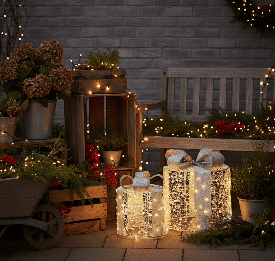 Set of 3 Christmas Gift Box Light Up Decoration Warm White Beads Bows