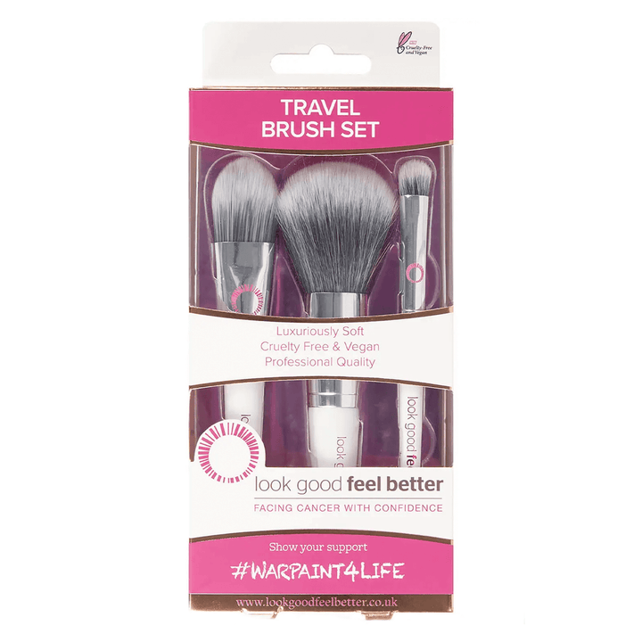 travel brush set featuring 3 face brushes in pink and white box with cruelty free and vegan logo