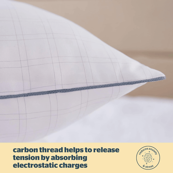 detail shot of carbon thread stitching with "releases tension by absorbing relectrostatic charges" details on graphic