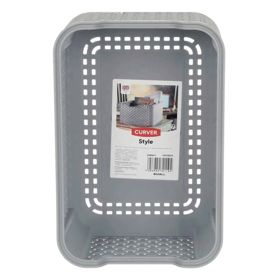 Top down view of a grey woven style basket for home and office storage