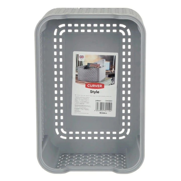 Top down view of a grey woven style basket for home and office storage