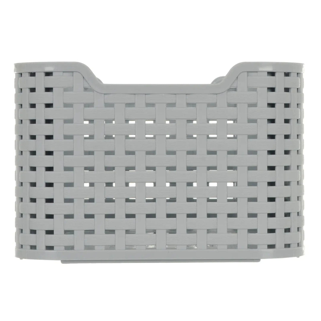 Side view of a grey plastic woven design storage box