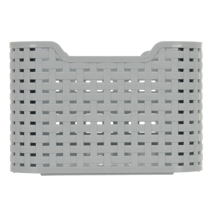 Side view of a grey plastic woven design storage box