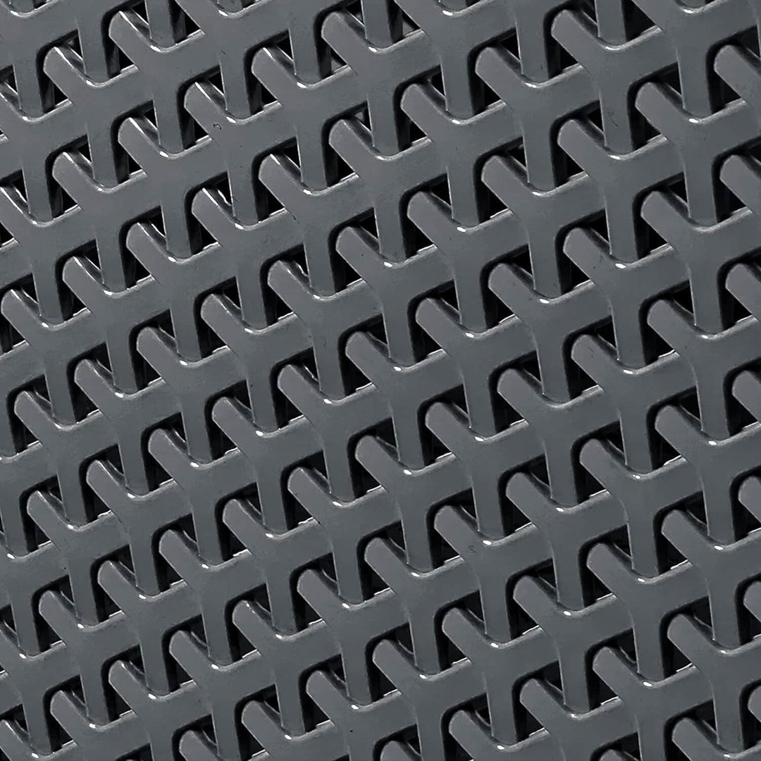 Close up detail of a dark grey plastic weave laundry basket