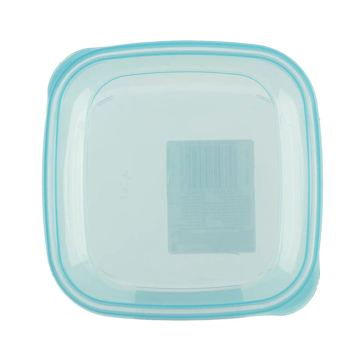 Top view of Curver Fresh & Go square food storage container with turquoise blue lid and corner handles