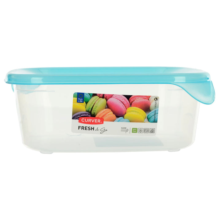 Profile of Curver Fresh &amp; Go square food storage container with turquoise blue lid and corner handles