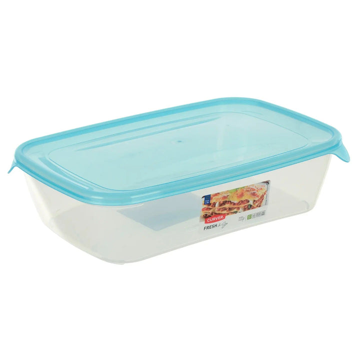 rectangle food container with blue lid and corner handles