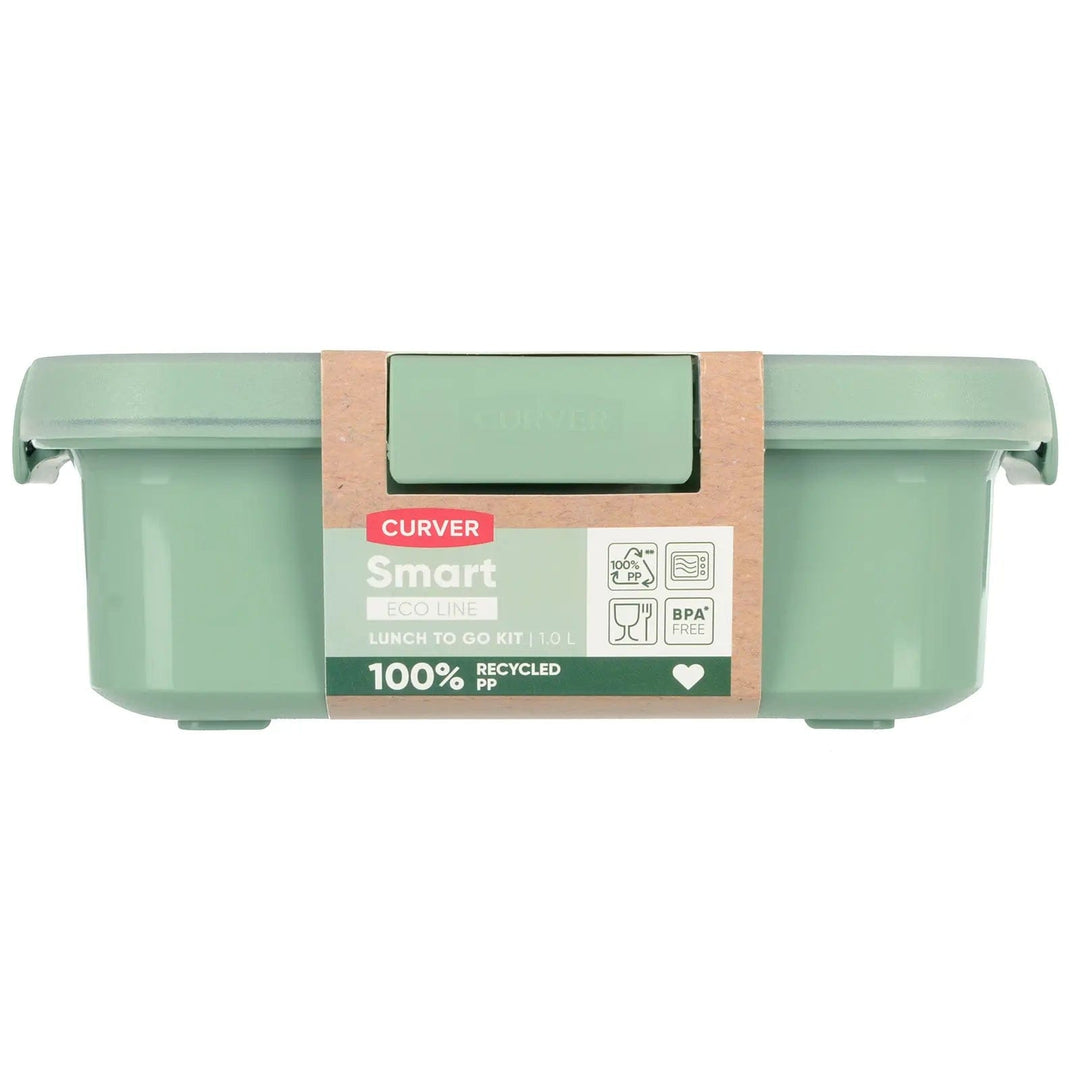 Side view of a green plastic food storage container made from 100% recycled plastic