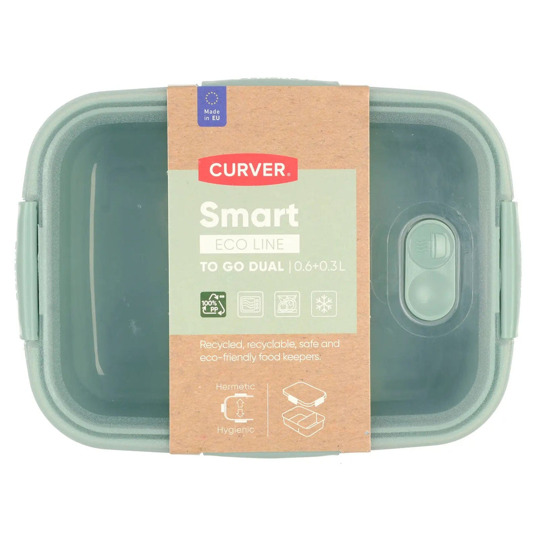 Top view of a green plastic Curver to go dual food container