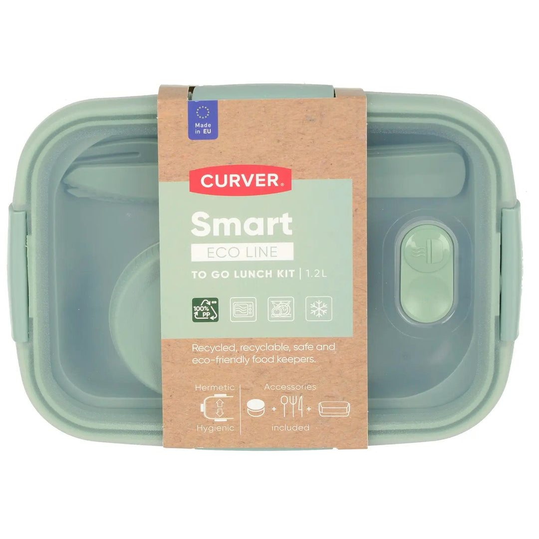 Curver Smart To Go Lunch Kit in green plastic with cutlery and sauce pot