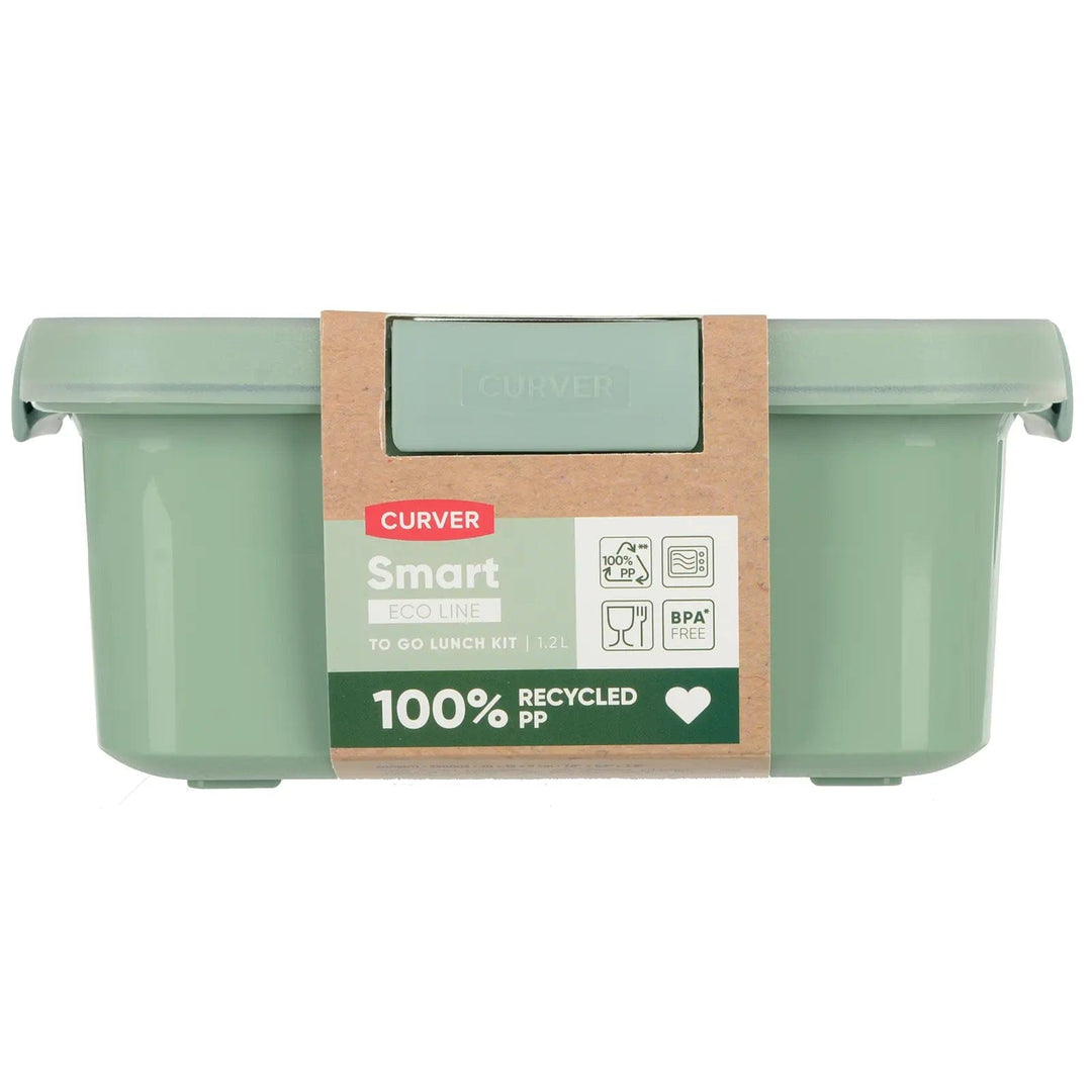 Green plastic food container made from 100% recycled plastic