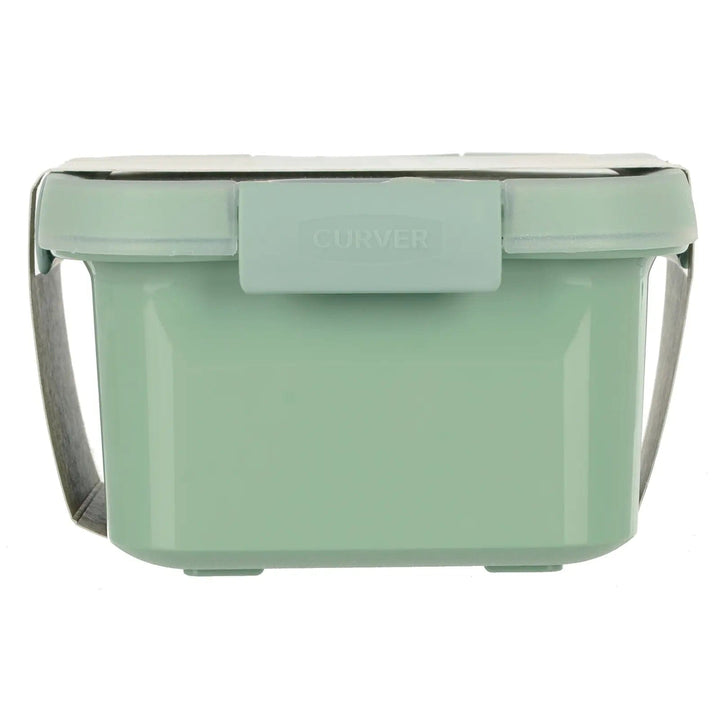 Side view of food storage container in green with clip lock lid