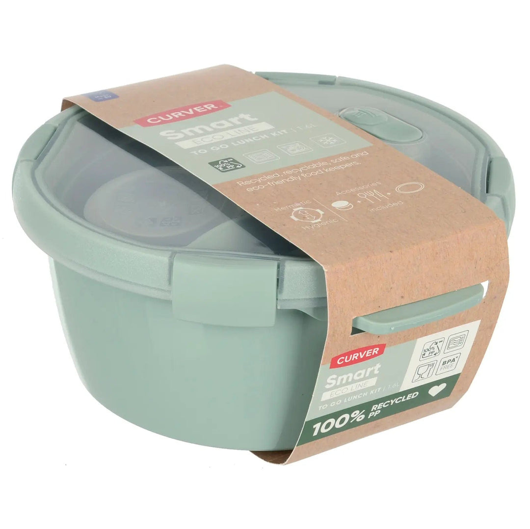 Green plastic food storage container for lunches