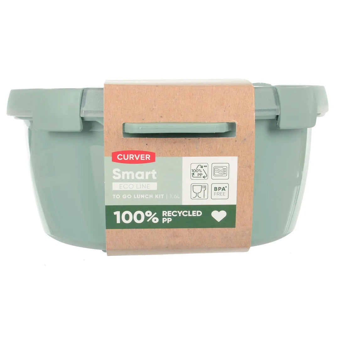 Side view of a green plastic food storage container