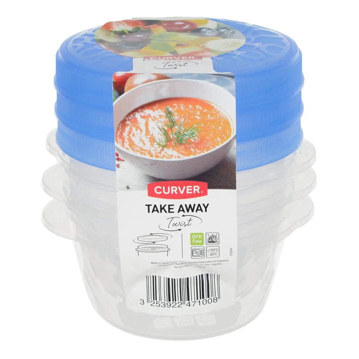 Pack of 3 food storage tubs from the Curver take away twist range with blue lids