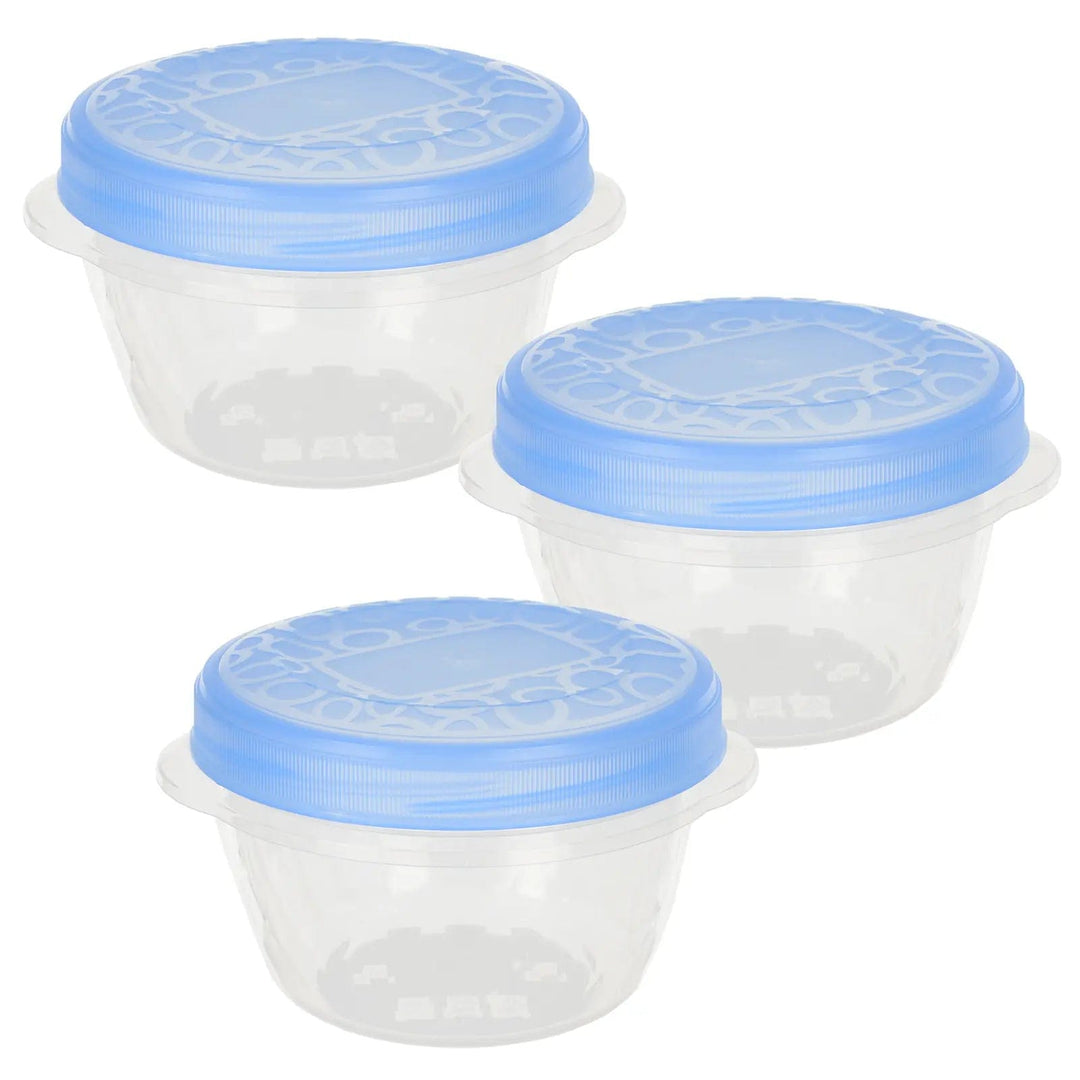 3 small food keepers with clear plastic tubs and blue screw top lids