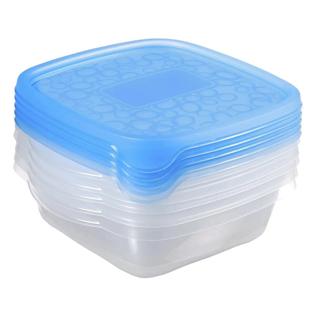 set of 5 stacked food storage containers with blue lids