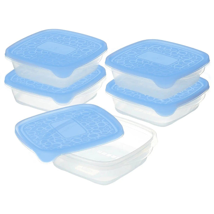 set 0f 5 square food storage containers with blue lids