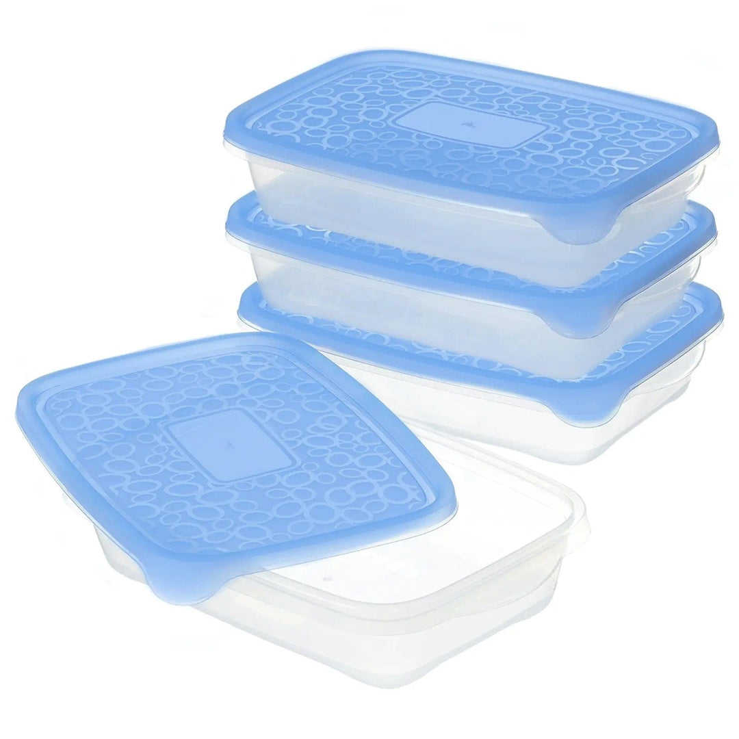 4 rectangle food storage containers with blue lids