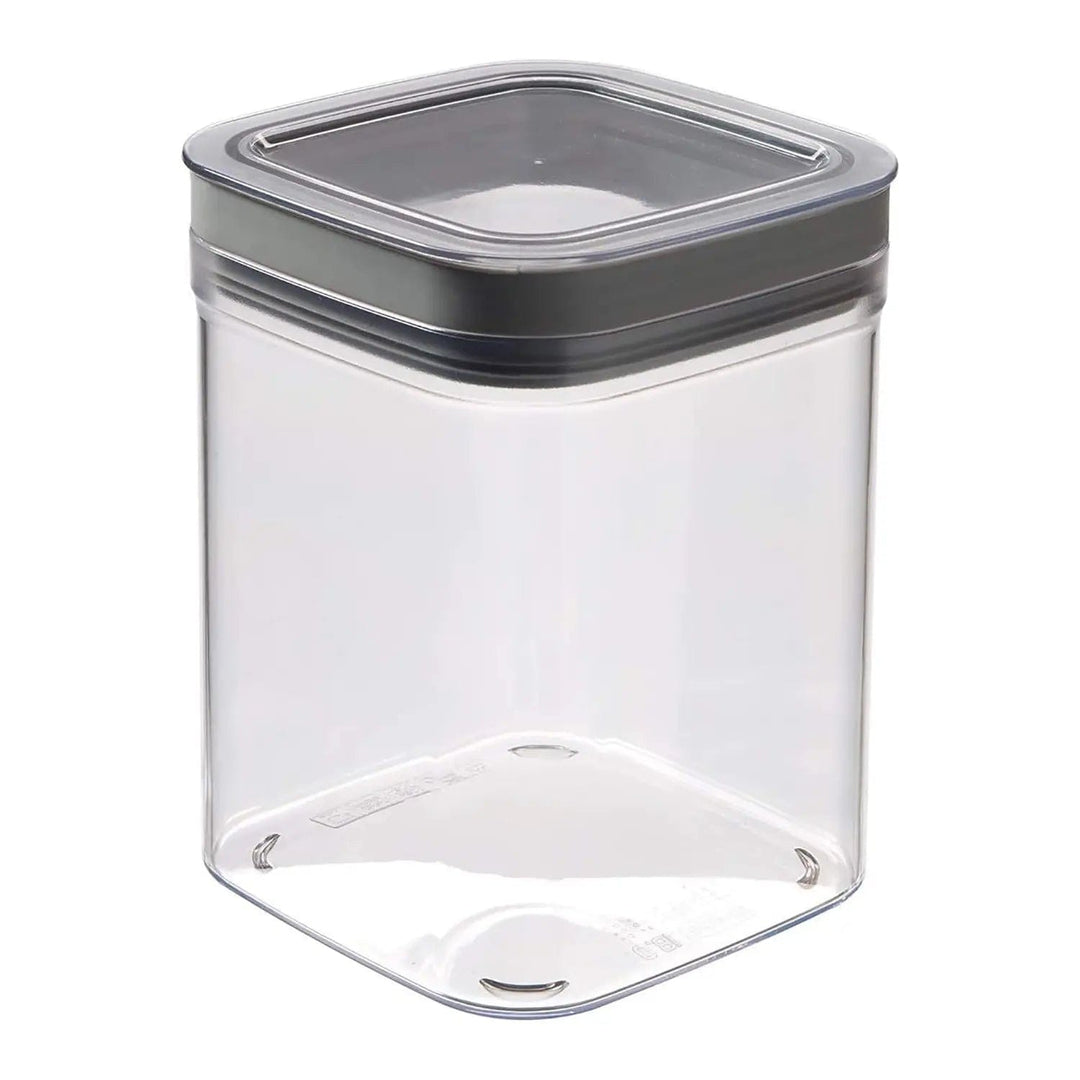 Clear food storage containner with grey lid and square base design