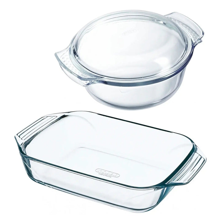 Round and rectangle glass casserole and roasting dish for oven cooking