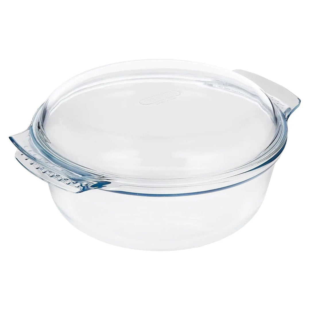 Pyrex round glass casserole dish with handles and lid for cooking stews