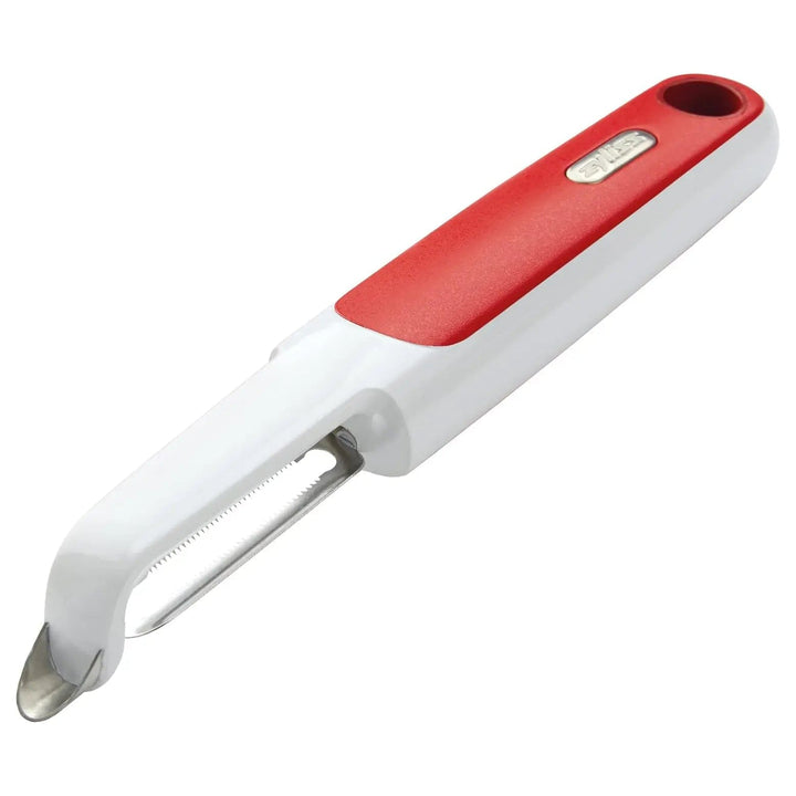 red and white vegetable peeler with blemish removal tool