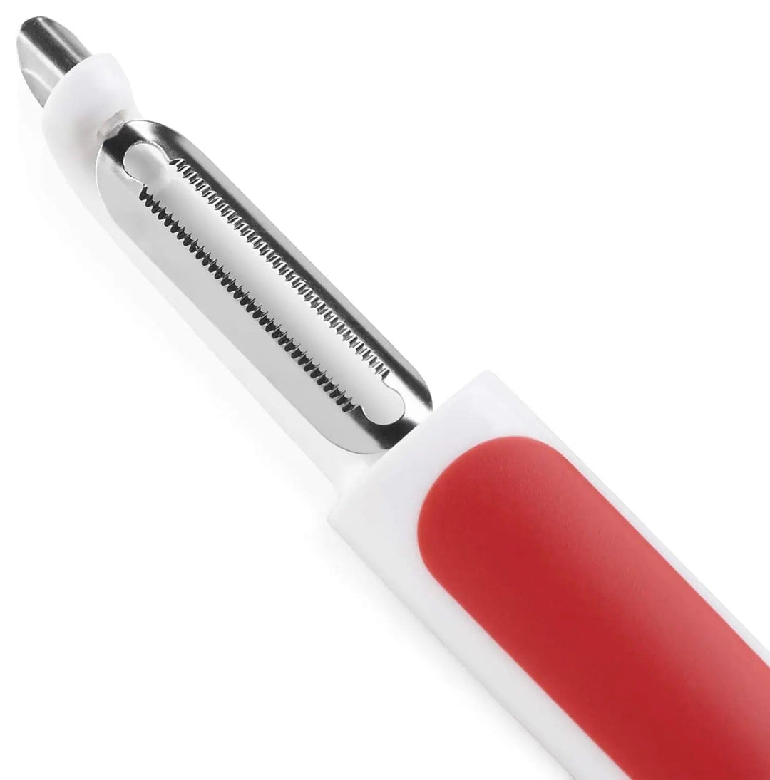 Stainless steel serrated blade soft skin peeler with white and red handle