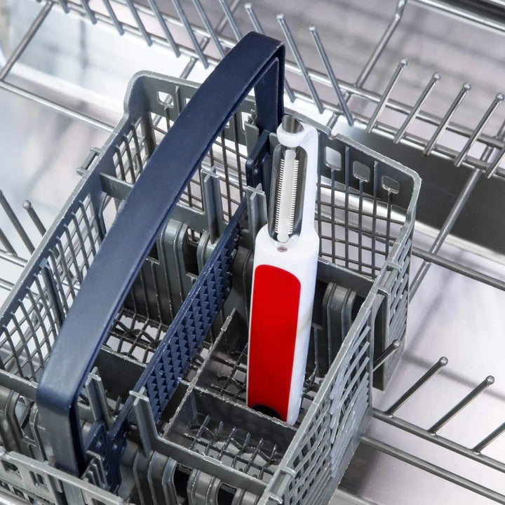 red and white vertical peeler in a dishwasher