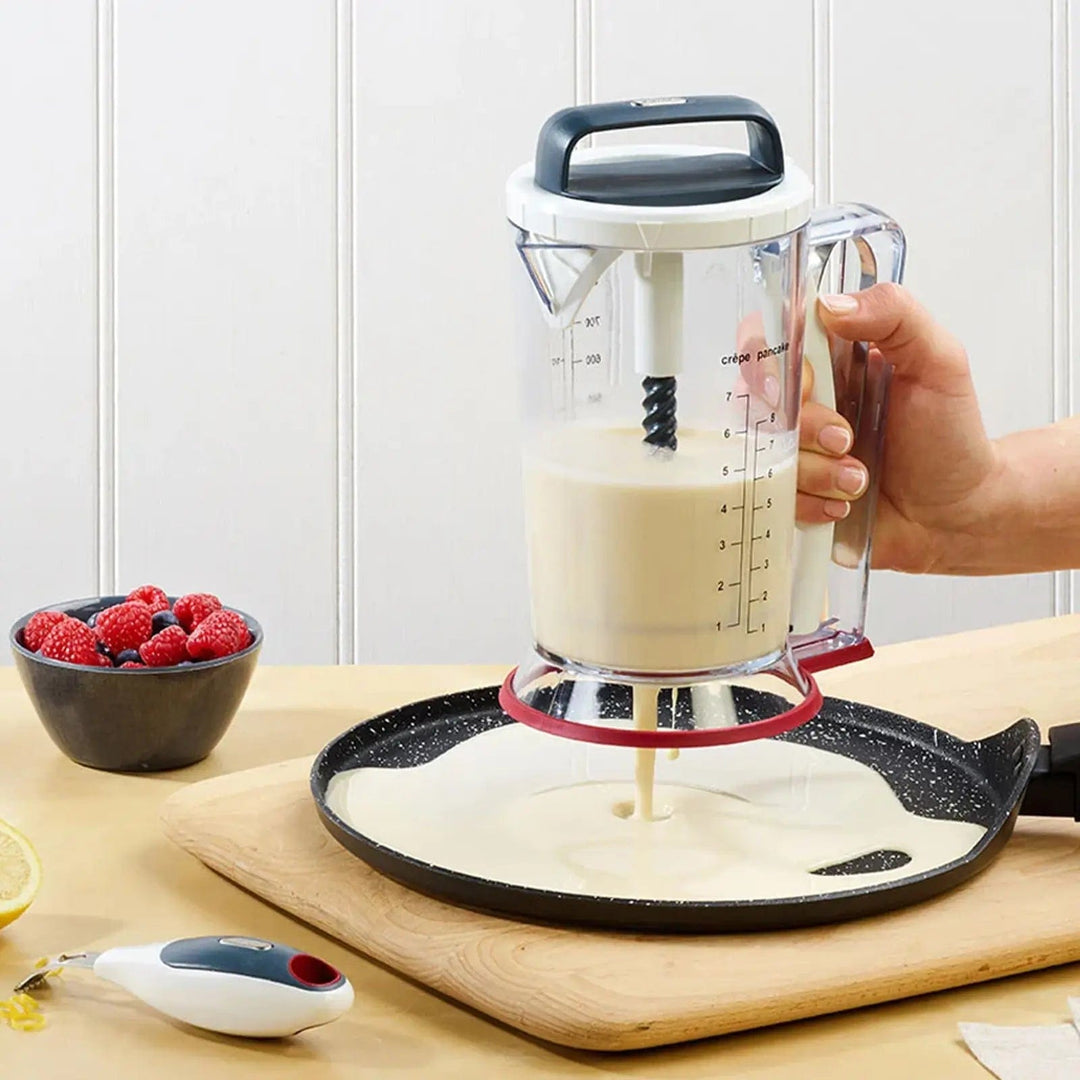 Mixer & Dispenser jug used to make pancake batter and dispense into  a frying pan