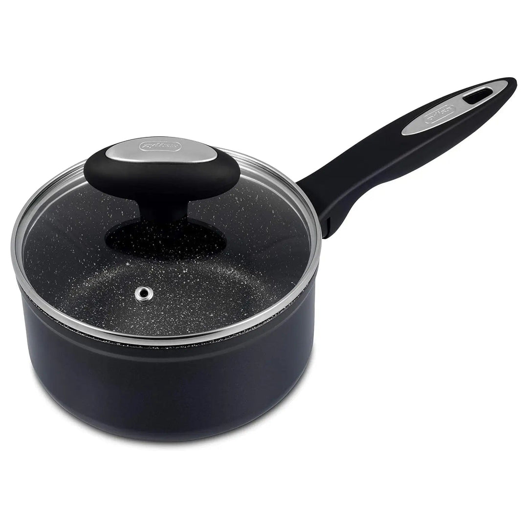 Black saucepan with glass lid, silver handle and lid knob 