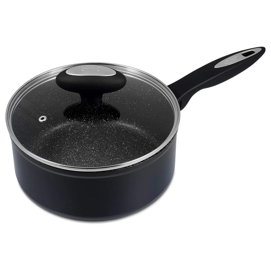 Medium size, black saucepan with glass lid, silver handle and lid knob