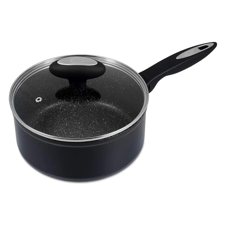 large cooking saucepan in black with glass lid