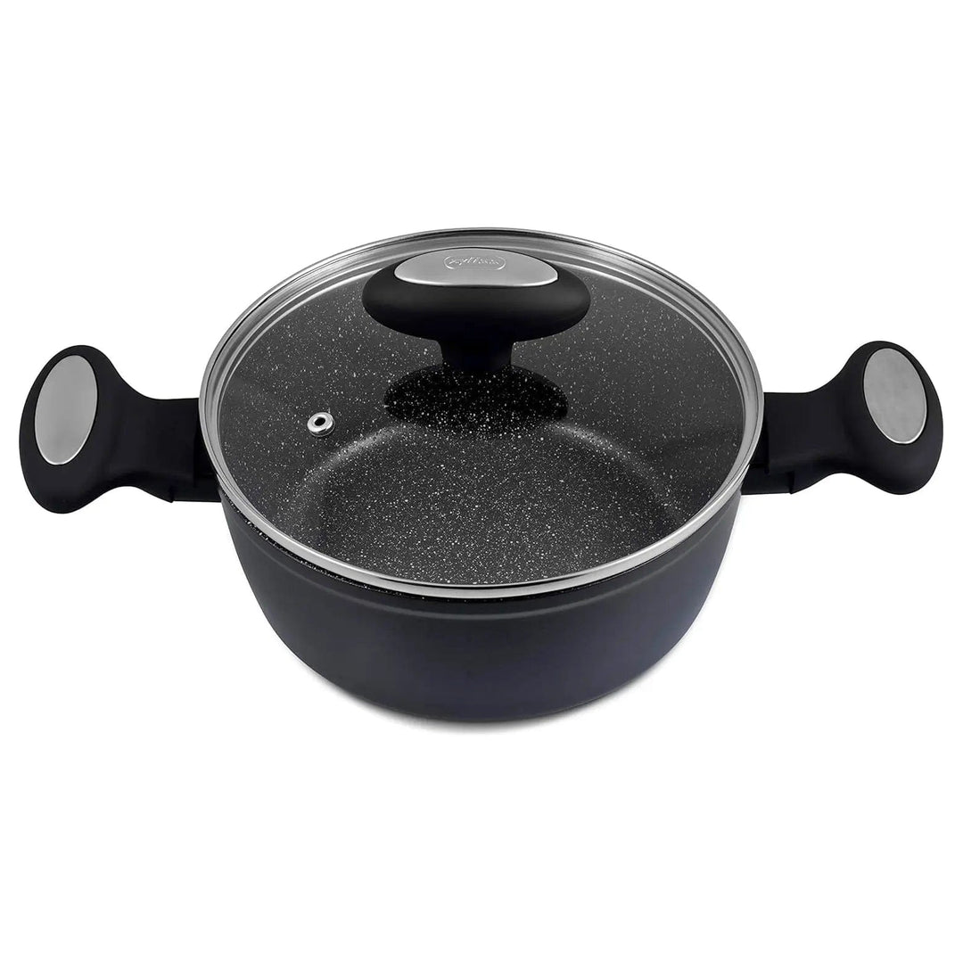 Black stock pot with large handles and glass lid for cooking stews