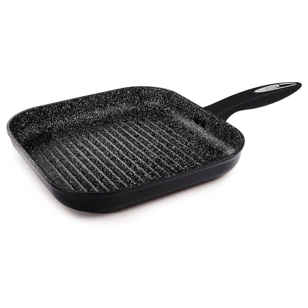 Square black non-stick grill pan with ridges on the base