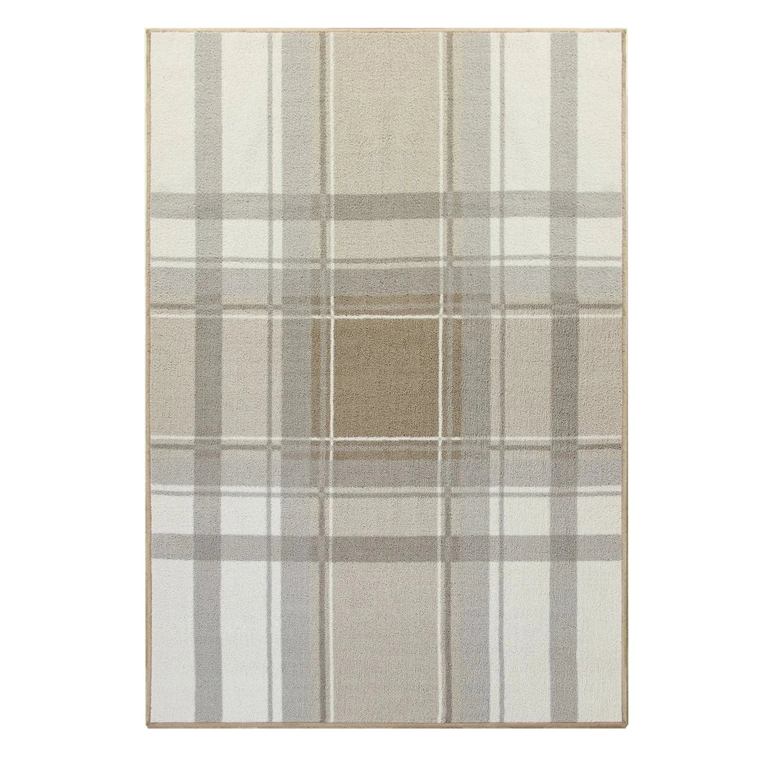Beige and grey checked pattern floor rug