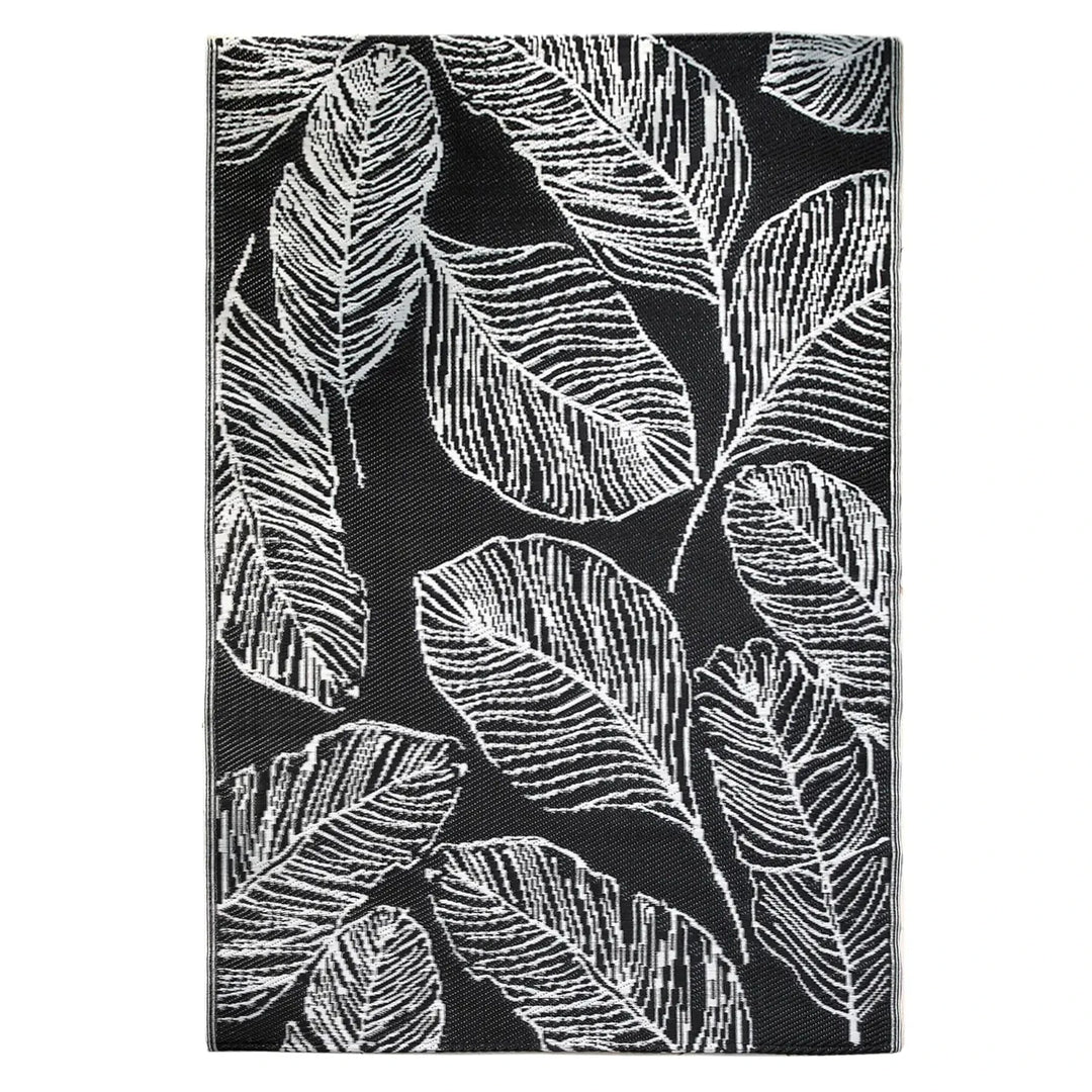Charcoal and white leaf pattern washable floor rug