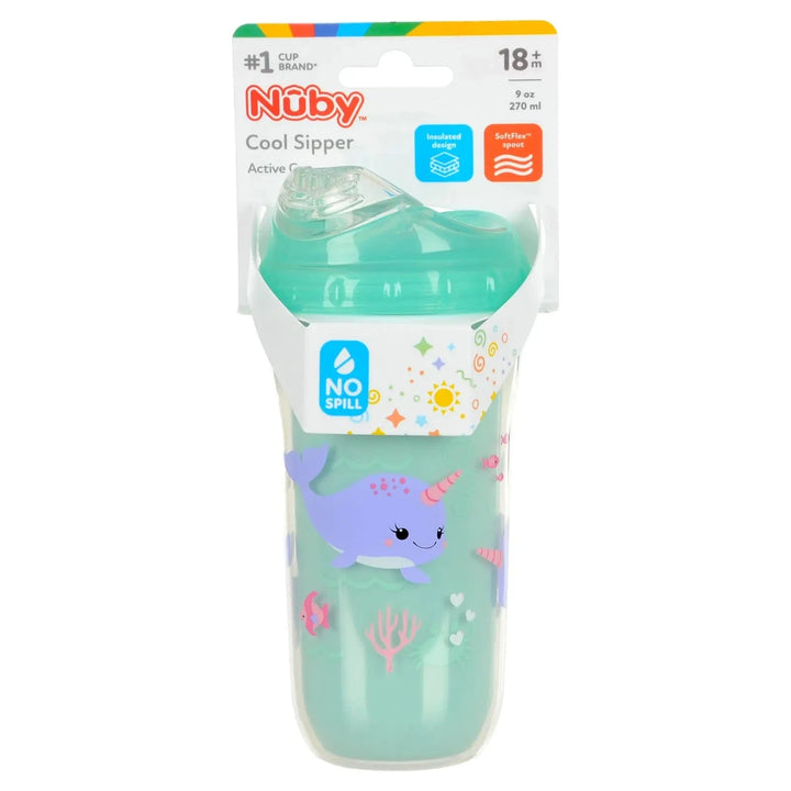 Nuby Cool Sipper insulated toddler bottle with no spill spout and narwhol design