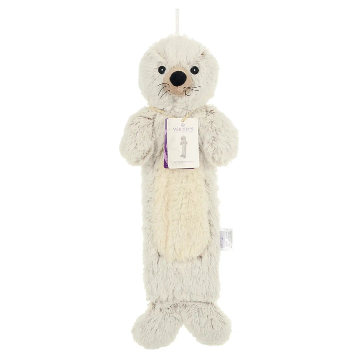 Grey seal design padded plush cover on a long hot water bottle