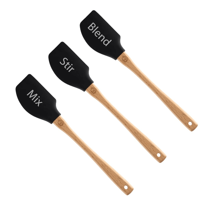 3 wooden spatulas featuring blend, mix and stir slogans with wooden handles