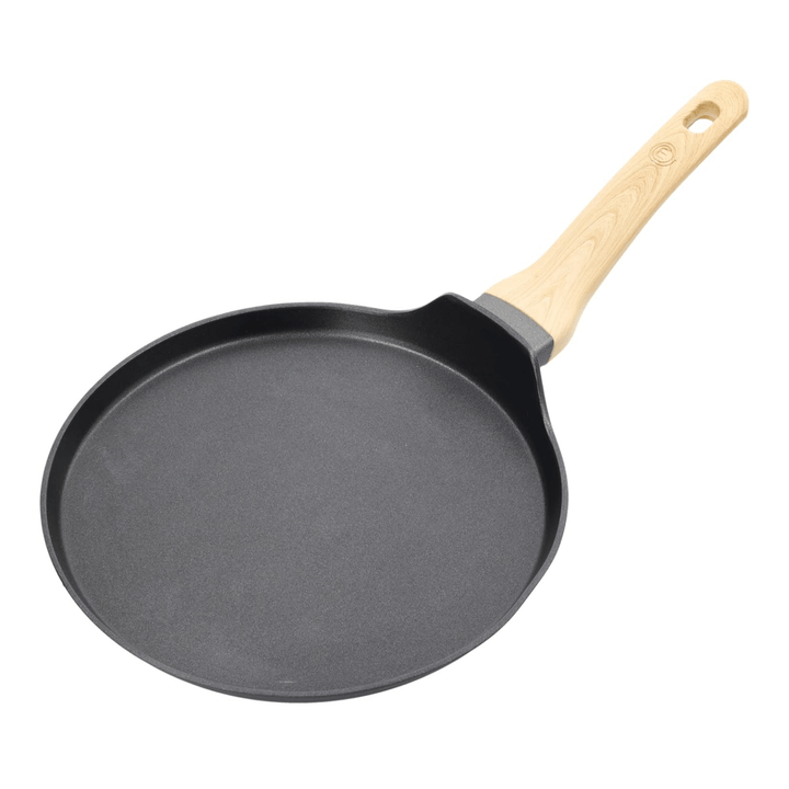 black aluminium masterchef pancake pan with wooden style handle