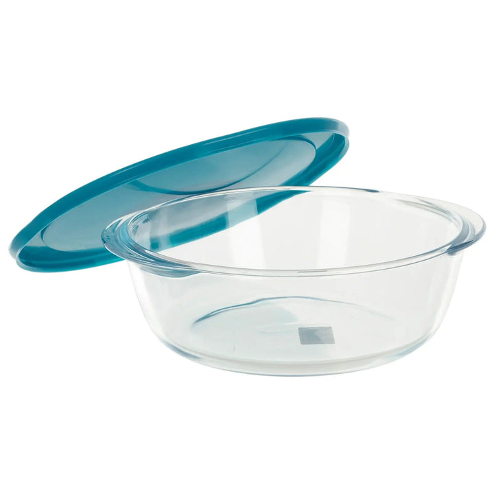 Round glass oven dish with handles and lid