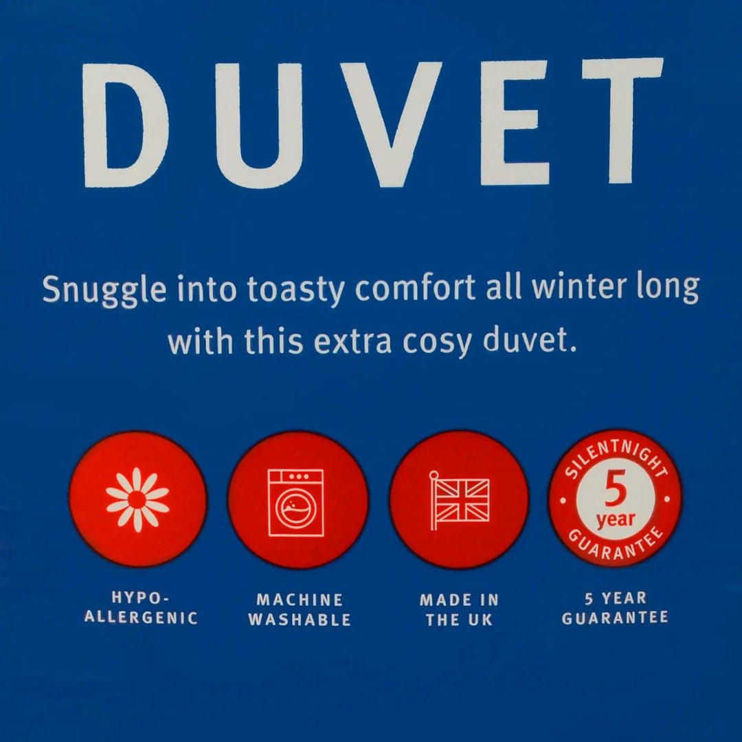 Features of a toasty comfort duvet, hypo-allergenic, machine washable, made in the UK