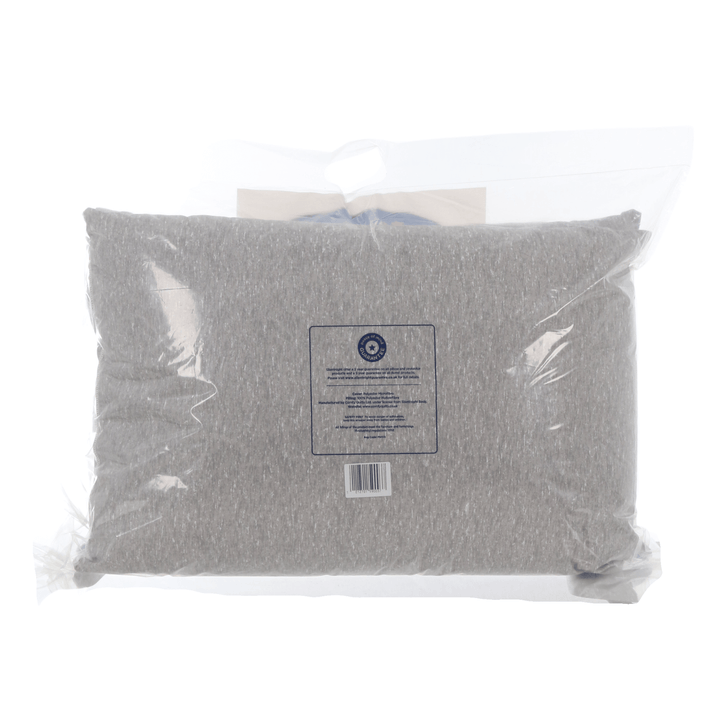 back view of grey marl pillows inside transparent packaging