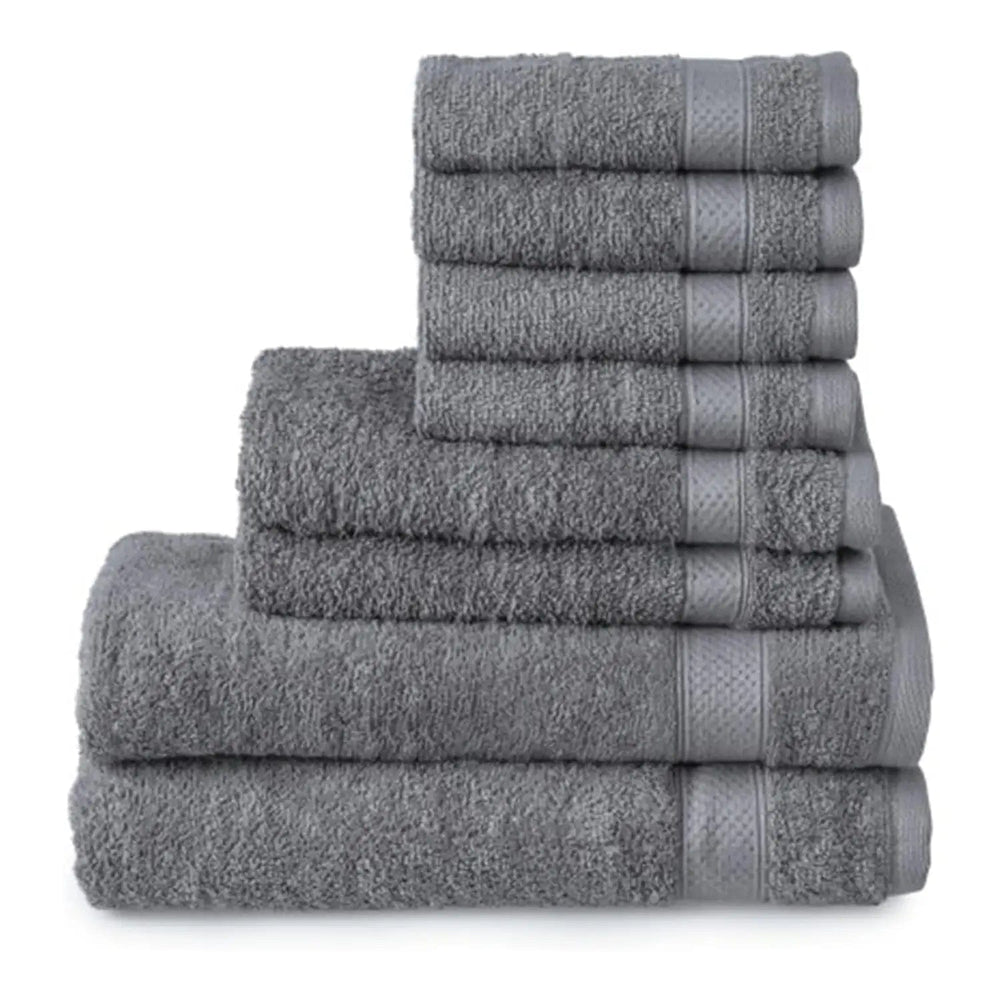 Slate grey towels piled up, with 2 bath towels, 2 hand towels and 4 face cloths