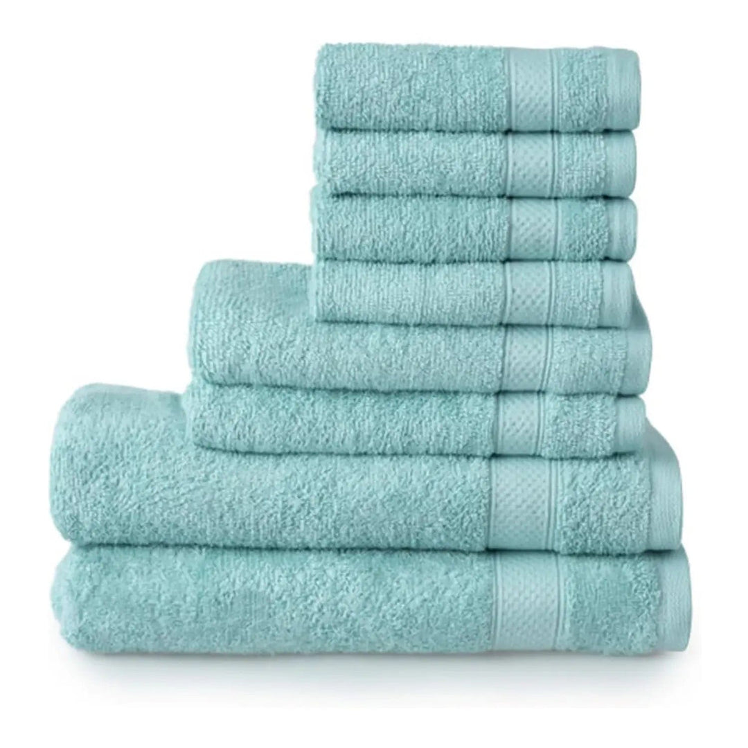 8 aqua colour towels piled up, with 2 bath towels, 2 hand towels and 4 face cloths